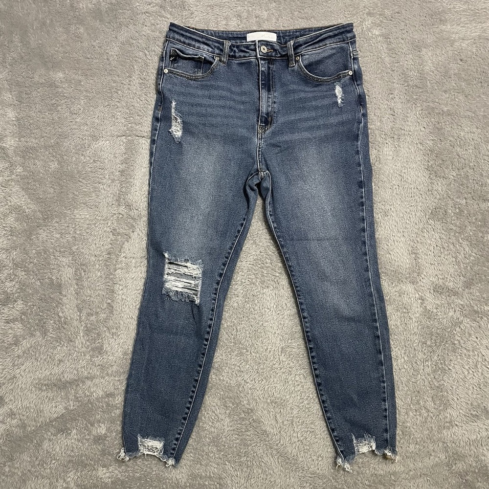 Kancan Jeans Womens 15/31 Skinny Medium Wash Distressed‎ Blue Denim Frayed Hem